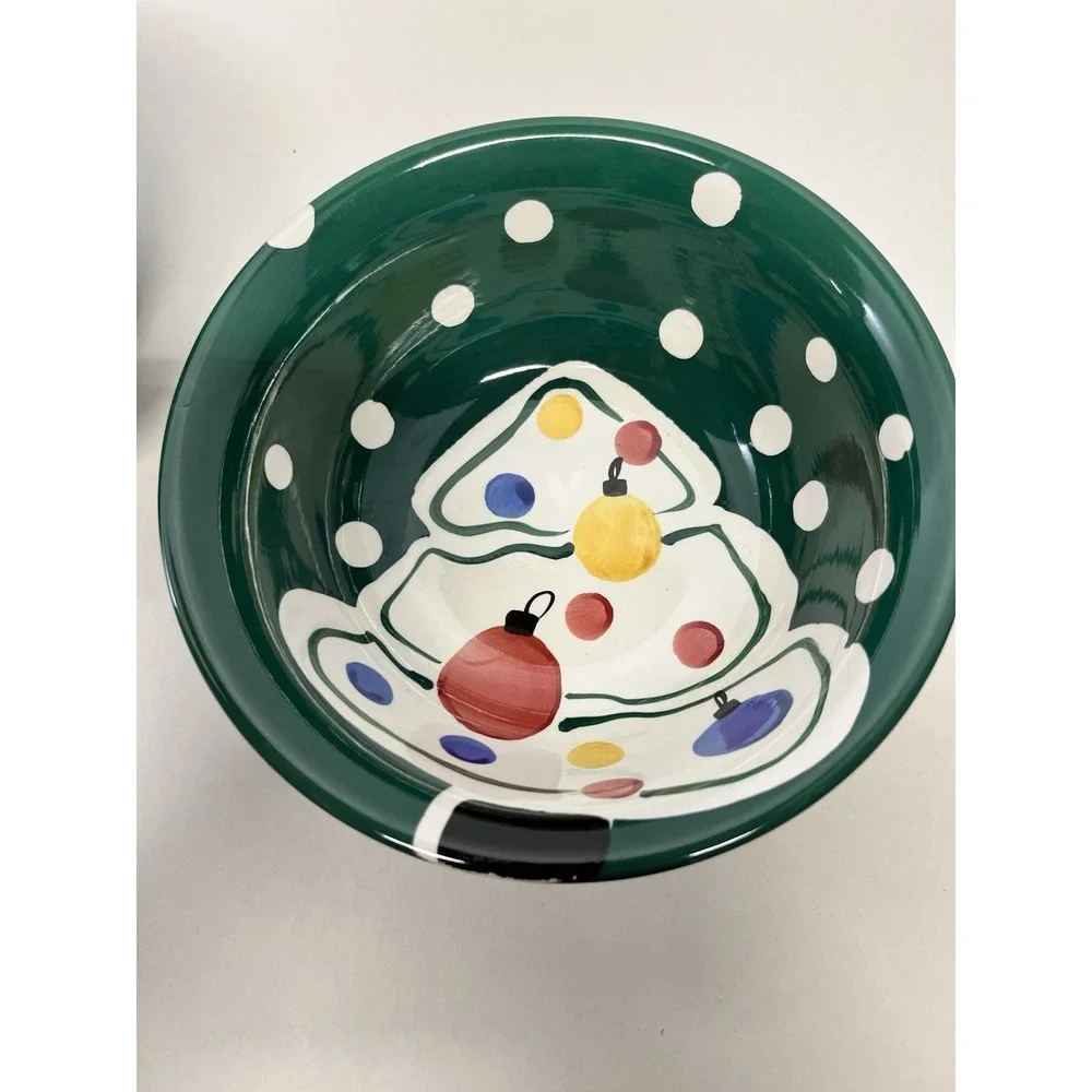 Gibson Everyday Hand-Painted Green and White Christmas Tree Bowls Set Of 4